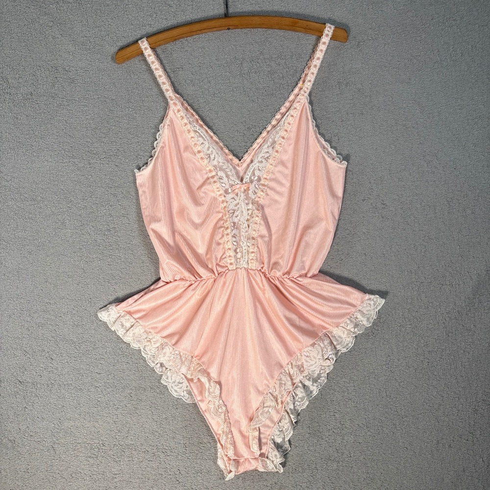 Vintage‎ Babydoll Lingerie Pink Striped Teddy Romper Lace Trim Bow Detail